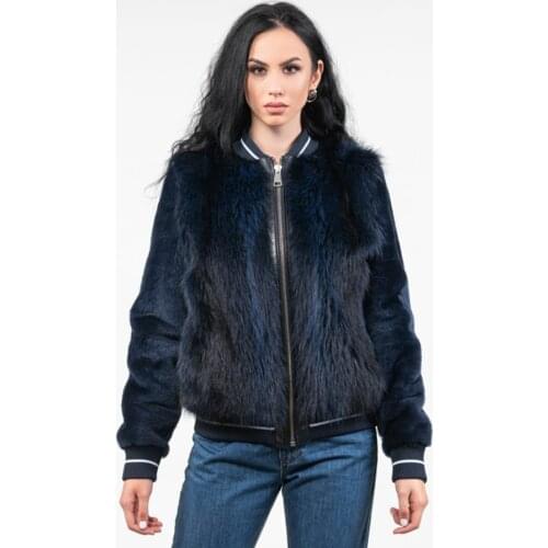 Midnight Dream Navy Blue Bomber Jacket Women Casual Fashion Fur Coat Real Raccoon Fur Overcoat Baseball Fur Jacket