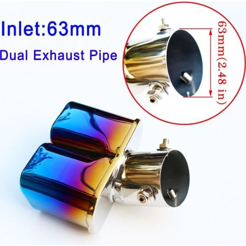 Stainless Steel Car Exterior Accessories Dual Outlet Exhaust Pipe Rear Muffler Tailpipe Tip Cover 2.5 Inch 63mm Caliber Blue
