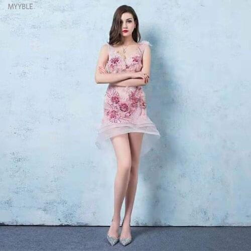 2020 MYYBLE New pink Luxury Evening Dress Short Sexy See-through Crystal Dress Wedding Party Dress robe de soiree courte