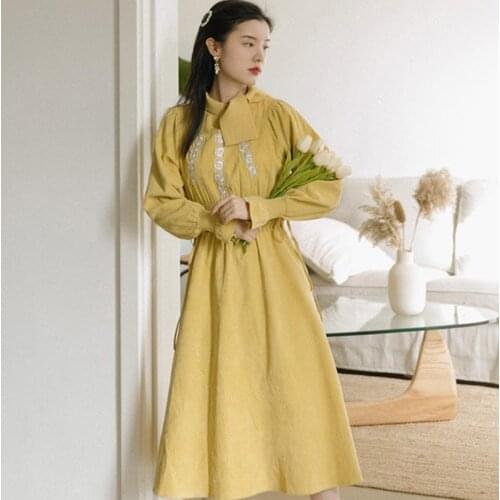 2021 Spring and Autumn New French Retro Style Yellow Corduroy Dress Design Sense Stand Collar Lace up Waisted Long Dress y960