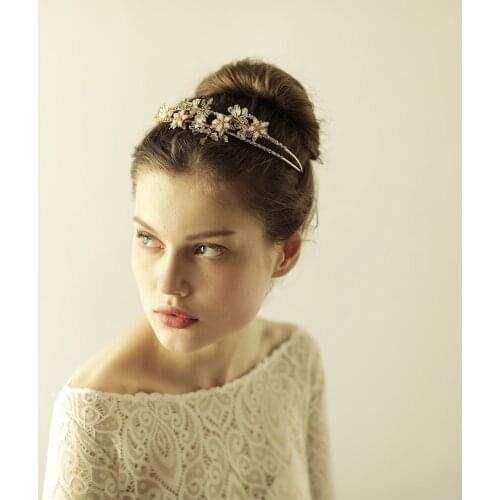 Romantic Luxury Bridal Headdress Pearl Crystal Rhinestone Leaves Flower 2-Stand Hair Hoop for Wedding Perform Studio Prop O867