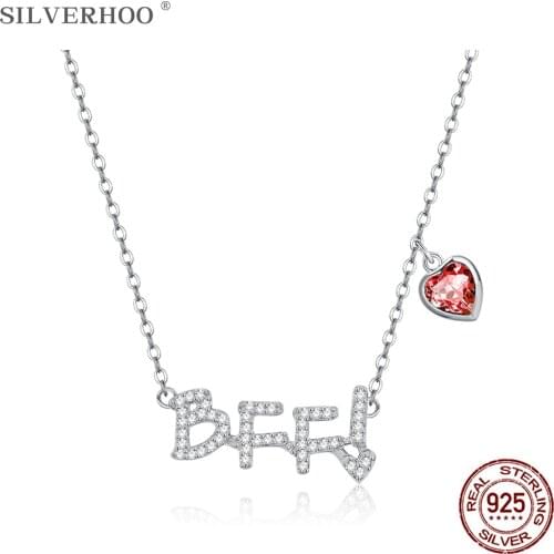 SILVERHOO 925 Sterling Silver Letter BFF Pendant Necklaces For Women Heart Austria Crystal Necklace Fine Jewelry Best Selling