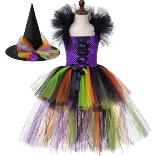 Witch Tutu Dress Girl Halloween Costume for Kids Girls Trailing Fancy Dresses for Carnival Party Evil Witches Cosplay Costumes
