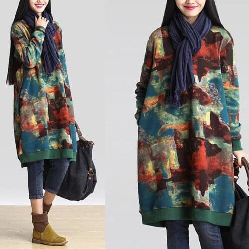 Celmia Winter Women Dress Long Sleeve Vintage Printed Vestidos Robe Female Autumn Casual Hoodies Sweatshirt Dress Plus Size 5XL