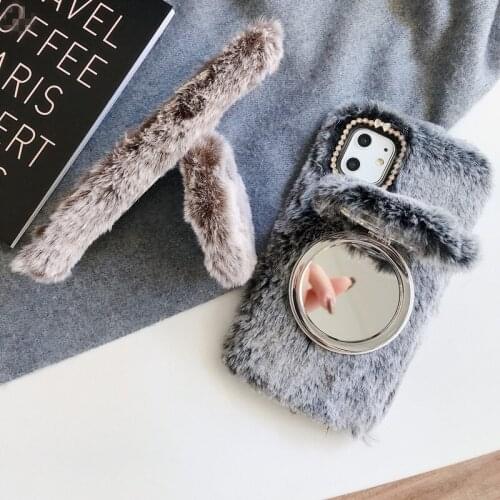For iPhone 11/iPhone 11 Pro /iPhone 11 Pro Max Plush Creative Solid Color Cute Phone Protect Case with Makeup Mirror