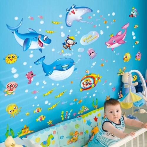 [SHIJUEHEZI] Underwater World Marine Fish Wall Stickers Cartoon DIY Wall Decals for Kids Rooms Baby Bedroom Bathroom Decoration