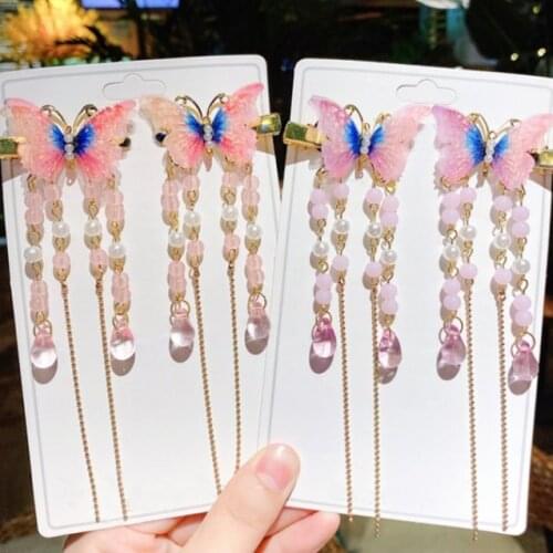 2pcs Antiquity Chinese Hanfu Hairpins Girls Butterfly Hair Clip Tassel Hair Pins Kids Hair clips Headwear Hair Accessories