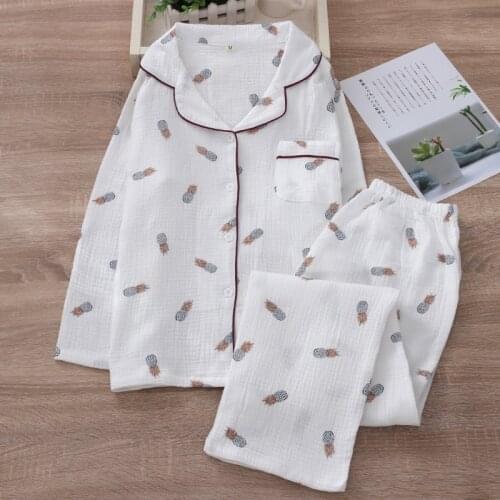 Spring Pajama Set Women Double-layer Cotton Crepe Sleepwear Long-sleeved Trousers Lounge Wear Two Piece Set Autumn Home Clothes