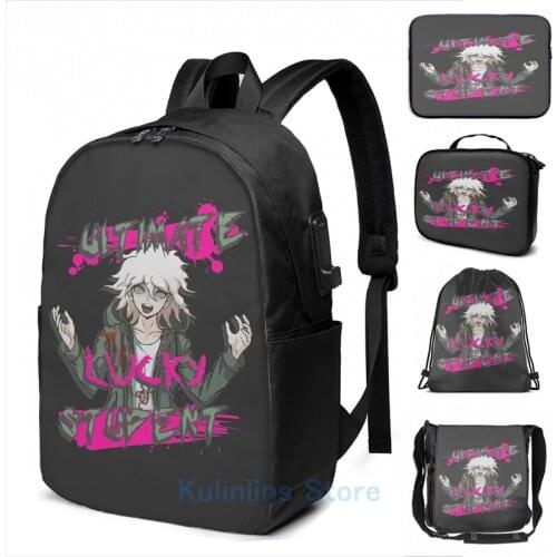 Funny Graphic print Nagito Komaeda The Ultimate Lucky Student USB Charge Backpack men School bags Women bag Travel laptop bag