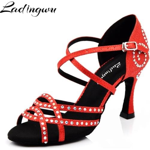 Ladingwu zapatos baile mujer latino Red Shoes Woman Latin Dance Shoes Glitter Rhinestone Salsa Ballroom Dance Shoes Heels 9cm