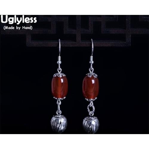 Uglyless Real 925 Sterling Silver Lotus Dangle Earrings for Women Ethnic Fine Jewelry Agate Balls Earrings Summer Dress Brincos