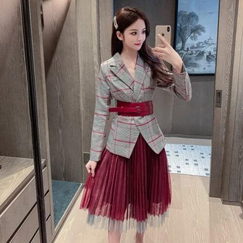 2 PCS set Fashion Autumn Women Plaid Blazers and Jackets Work Office Lady Suit +Wine red Pleated mesh skirt with belt