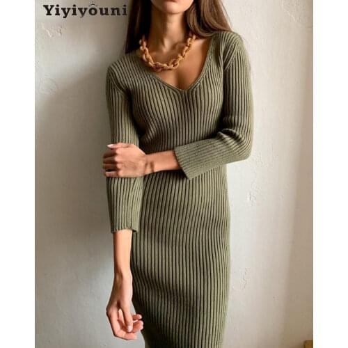 Yiyiyouni Autumn V-Neck Knitted Bodycon Dress Women Knee-Length Wrapped Sheath Long Sweater Dress Female Solid Vestido Feminino