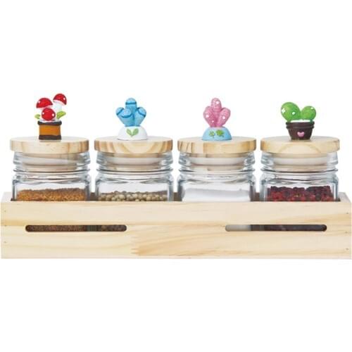 Zücev Jar 29x15 cm Wooden Standing 4'lü Glass Jar Set