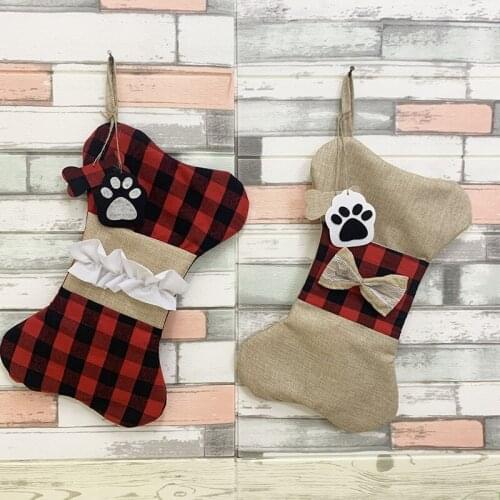 20pcs/lot Wholesale Monogram Dog Pet Bone Christmas Stocking Buffalo Plaid Polyester Linen Holiday Decoration