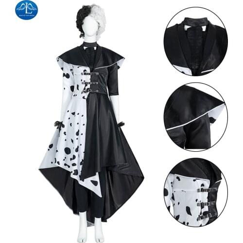 2021 New Cruella De Vil Halloween Costume Witch Handamde Cruella 2021 Coat Cosplay Costume Dress Sets Movie