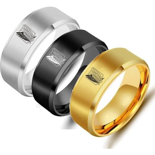 5 colors Attack on Titan Black sliver Stainless Steel Ring Wings Of Liberty Flag Finger Rings For Men Women Jewelry Anime Fans