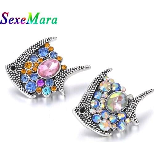 6pcs New Snap Button Jewelry Rhinestone Fish 18mm Metal Snap Buttons Fit Leather Metal Silver color Snap Bracelet Bangles