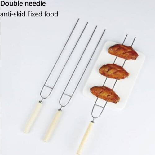 6 PCS Double Needle Barbecue Fork Stainless Steel Wooden Handle Barbecue Pin Outdoor Kebab Barbecue Tool Accessories