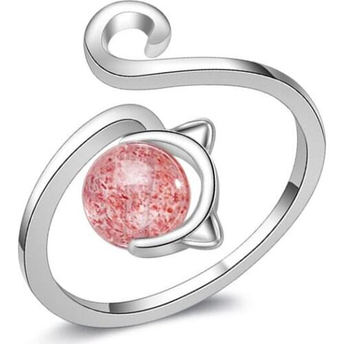 Hainon New Arrival Cute Cat Pink Ball CZ Adjustable Wedding Engagement Finger Rings for Women Silver Color Ring Jewelry Gifts