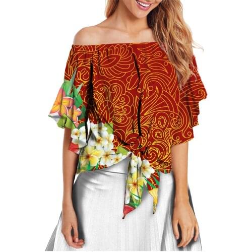 HYCOOL African Stripe Floral Print Orange Women Slash Neck Blouse One-Shoulder Flare Sleeve Top Sexy Summer Daily Dating Clothes