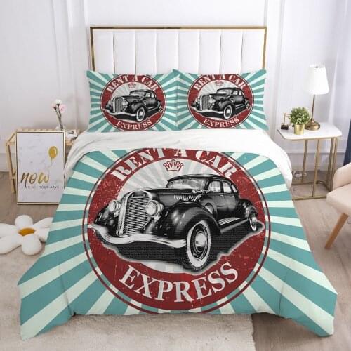 3D Duvet Quilt Cover Set Bedding SetsComforter Bed Linens Pillowcase King Queen Full Double Retro Style Car Blue Home Texitle