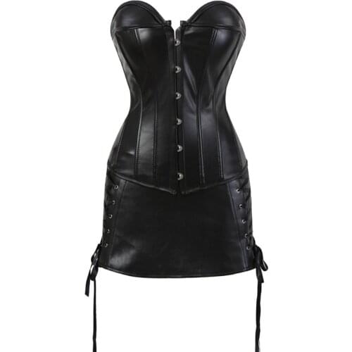 Steampunk Corset Sexy Womens Corset Dress Gothic Bustier with Mini Skirt Dress Strapless Faux Leather Overbust Plus Size S-6XL