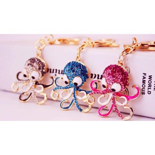 Colorful Fashion Octopus Keychain Shiny Crystal Keychain Woman Girl Schoolbag Hanging Car Keychain Exquisite Birthday Party Gift