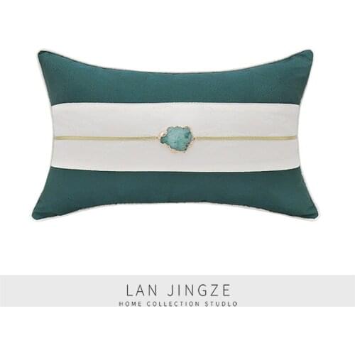 LAN JINGZE Dark Green Patchwork Cushion Cover Set Home Decorative For Living Room With Natural Gems Waist Pillow Case 30cmx50cm