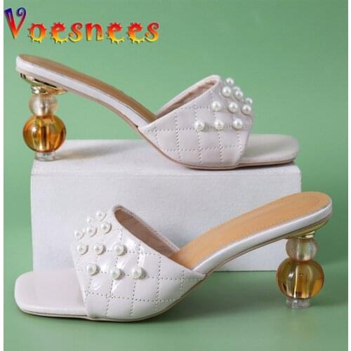 Summer New Style Female Square Toe Slippers Women Walking Mid-Heel 8.5CM Strange Heel Sandal High-End Pearl Chic High Heel Shoes