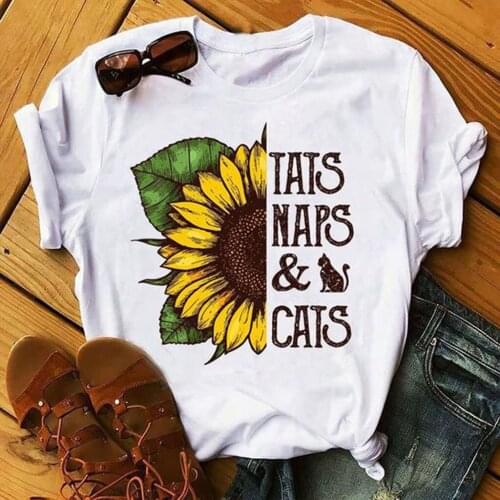 TATS MAPS & CATS Letter Print T-Shirt Summer Womens Sunflowers Splicing Short Sleeve Fashion Casual Tee Tops mujer camisetas