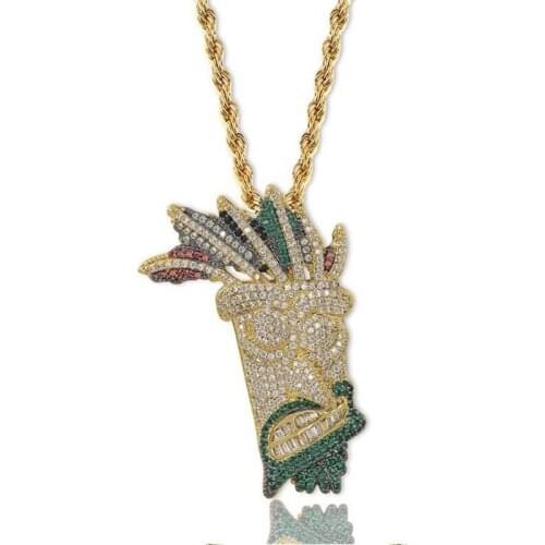 Fashion Hip Hop Micro Pave Zircon Gold Plated Indian Chief Pendant Necklace Mens High Quality Metal Rock Christmas Jewelry