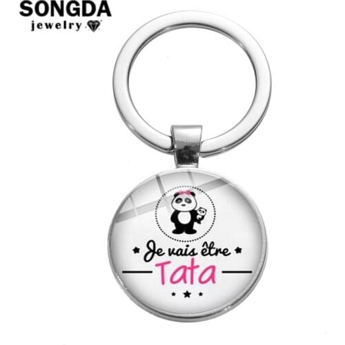 SONGDA Fashion Je Suis Une Tata Qui Déchire Keychain Cartoon Key Chain French Letter Printed Glass Dome Key Ring Gift for Auntie