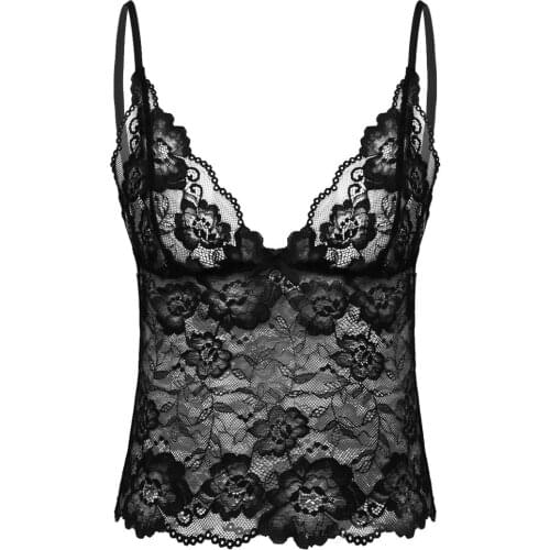 Mens Sissy Lingerie See Through Sheer Lace Adjustable Straps Camisole Vest Crop Top Sexy Nightwear Male Gay Underwear