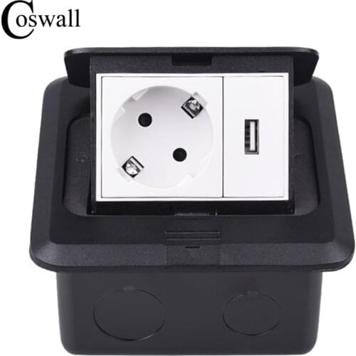 Coswall All Aluminum Black Panel Slow Pop Up Floor Socket 16A Russia Spain EU Standard Power Outlet With USB Charging Port 5V 1A
