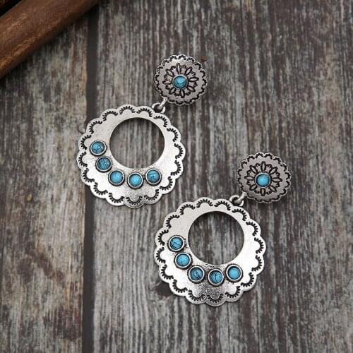 Wholesale New Retro Geometric Hollow Eyelash Earrings Inlaid Turquoise Exaggerated Earrings for Women Girl Gift