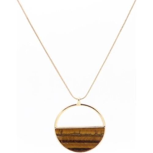 Popular Light Yellow Gold Color Round Hollow Pendant Link Chain Necklace Natural Tiger Eye Stone Jewelry