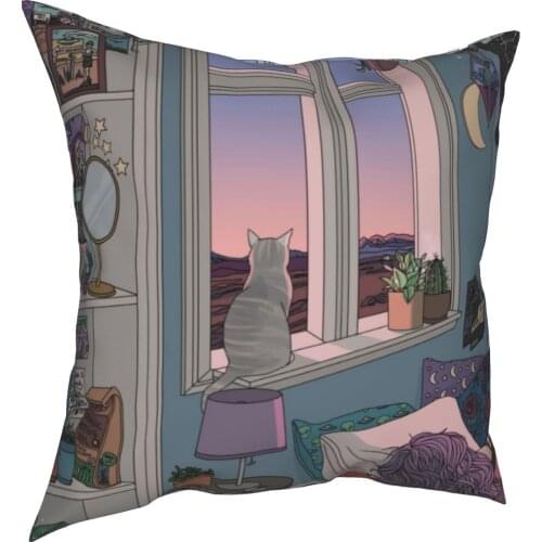 Early Morning Cat Pillowcase Printing Polyester Cushion Cover Decoration Throw Pillow Case Cover Seat Square 40X40cm