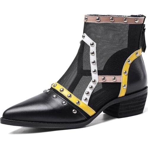 Kmeioo edition Genuine leather sandals new square heel pointed toe fashion net surface splicing Breathable rivet cool boots