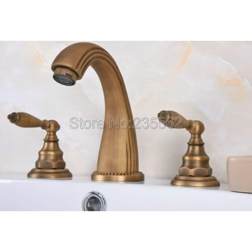 Widespread Style Antique Brass Dual Handle Mixer Tap Bathroom Basin Deck Mounted Faucet Vessel Sink Faucets lan069