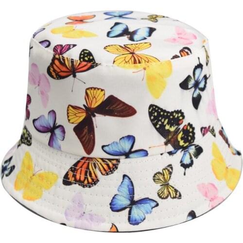New Fashion Women Butterfly Print Fisherman Hat Panama Reversible Bucket Hats Casual Sun Protection Fishing Cap