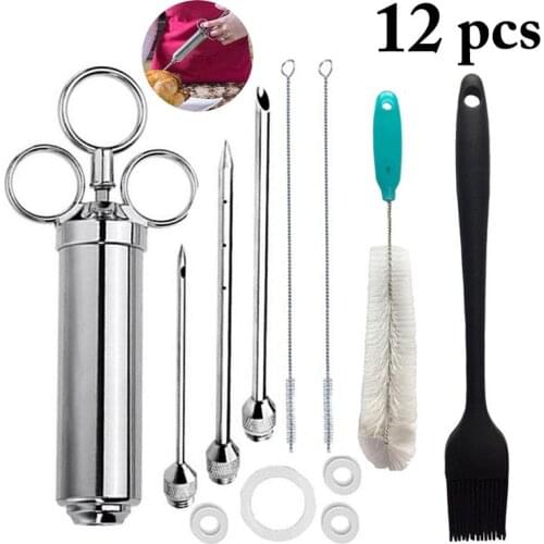 12pcs 3 Needles Meat Injector Syringe Poultry Marinade Flavour Injector Meat Seasoning Injectors BBQ Kit Kitchen Tools
