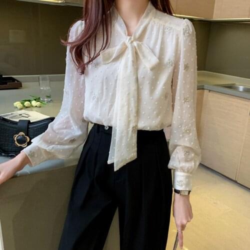 TingYiLi Elegant Bow Tie V-neck Women Blouses Korean Style Plus Size Chiffon Blouse Shirt Spring Office Ladies Long Sleeve Tops