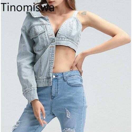 Tinomiswa 2021 Spring Denim Jacket Women Chic Patchwork Asymmetrical Denim Coat Long Sleeve Off Shoulder V Neck Sexy Tops A2104