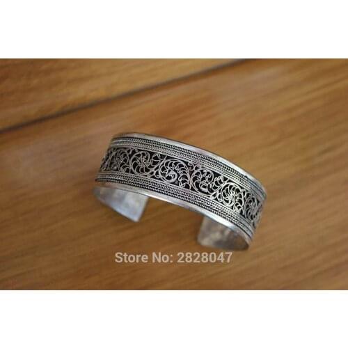 BR013 Vintage Tibetan Silver Silks Bangle Bracelet Nepal Handmade 22mm Wide Adjustable Bangle Men