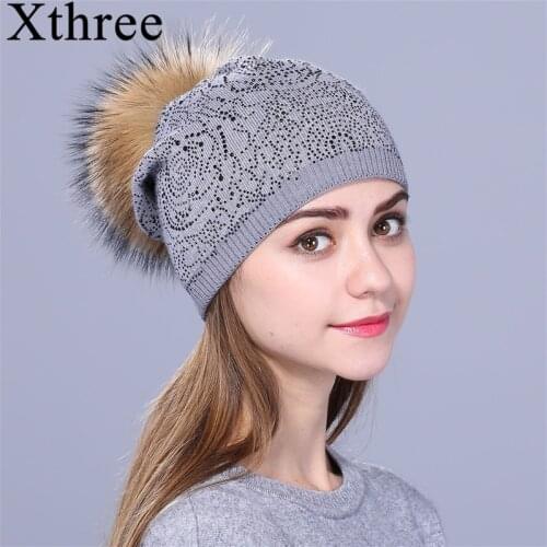 Xthree new Rhinestone Winter hat for women girl Warm Wool Knitted Beanie Skullie Real Fur Pom Gorro Female Cap