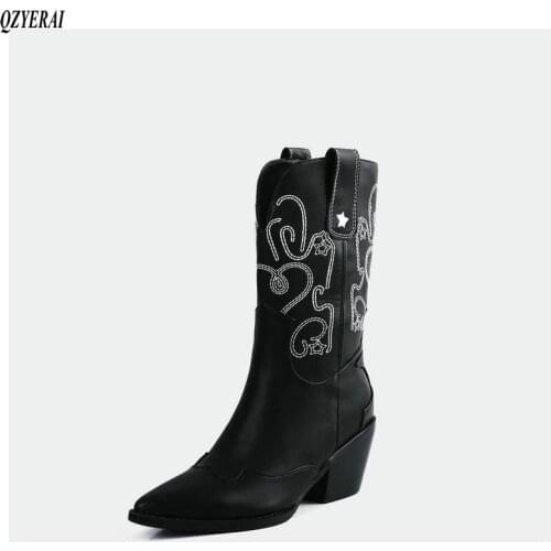 Western Ankle Boots Cowboy Women Booties Fashion Pointed Toe Shoes Female Thick Heels Cuban Leather Shoes Ladies Autumn size44