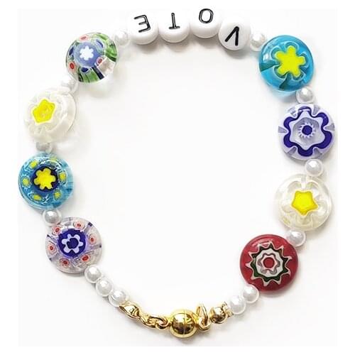 Women Fashion Rainbow Beads Bracelet White Imitation Pearl Bangle Personnalisé Prénom Millefiori-Crystal Beaded Jewelry 2021