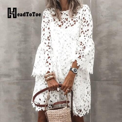 Solid Lace Hallow Out Fashion Elegant Two Piece Set Women Wrist Sleeve Round Neck Straight Knee Length 2 Piece Set Women