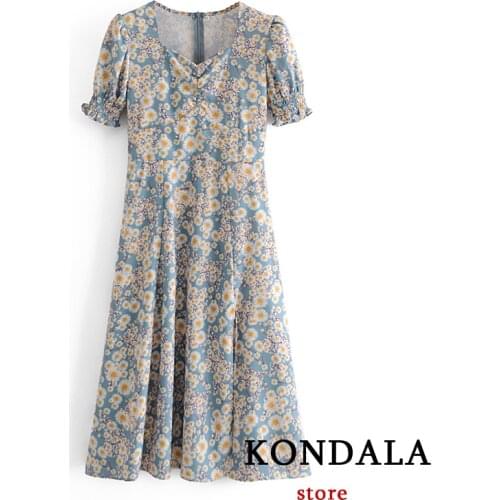 KONDALA Women Za Sundress 2021 New Ditsy Floral Printed Elastic Bust Sweet Puff Sleeve Female Mid Stain Dresses Mujer Vestidos